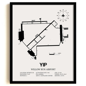 Framed Detailed Airport Map of Willow Run Airport (YIP) in White with a Black Frame