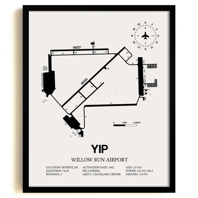 Framed Detailed Airport Map of Willow Run Airport (YIP) in White with a Black Frame
