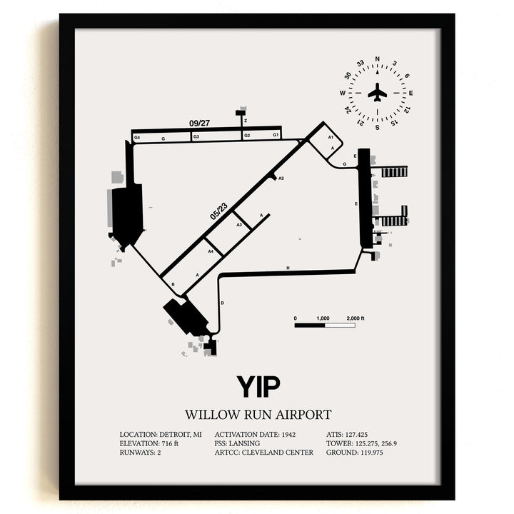 Framed Detailed Airport Map of Willow Run Airport (YIP) in White with a Black Frame