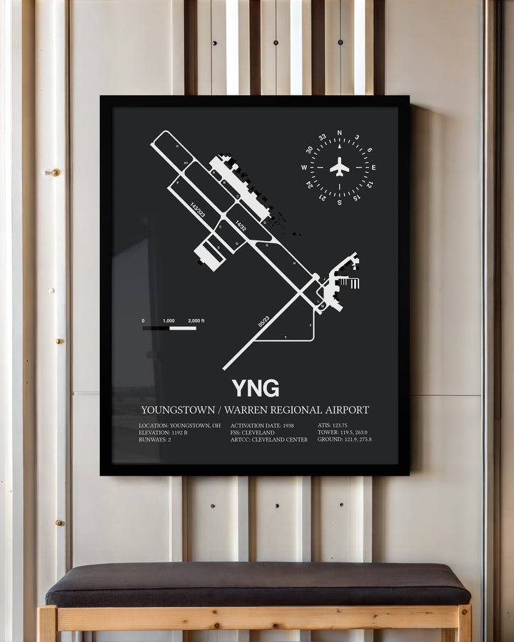 Framed Detailed Airport Map of Youngstown / Warren Regional Airport (YNG) in Gray with a Black Frame