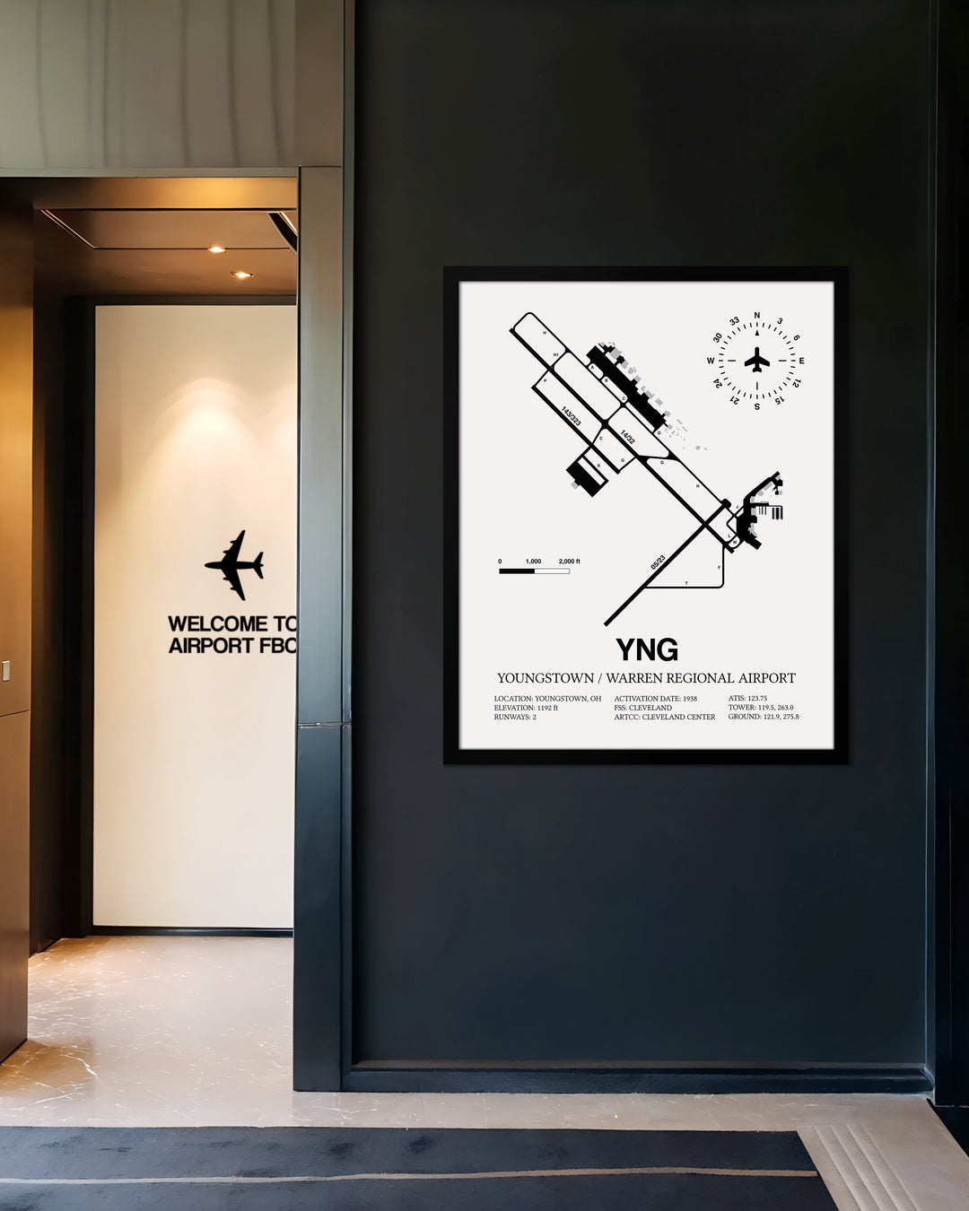 Framed Detailed Airport Map of Youngstown / Warren Regional Airport (YNG) in White with a Black Frame