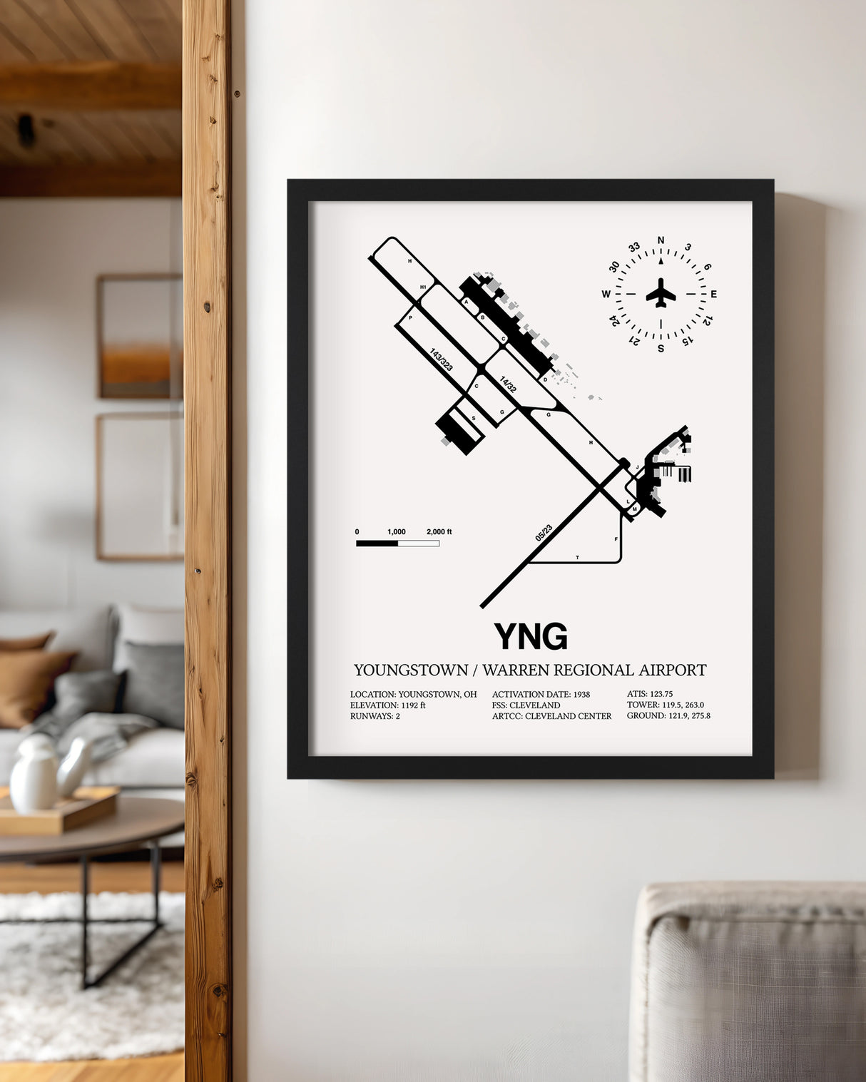 Framed Detailed Airport Map of Youngstown / Warren Regional Airport (YNG) in White with a Black Frame