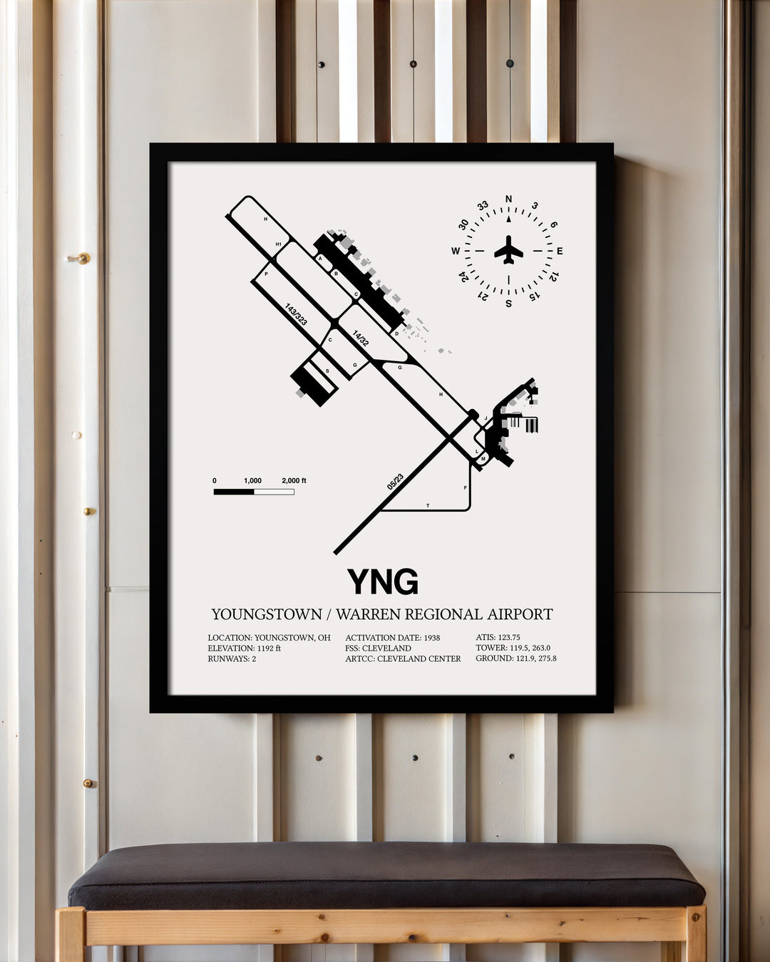 Framed Detailed Airport Map of Youngstown / Warren Regional Airport (YNG) in White with a Black Frame