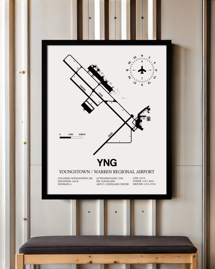 Framed Detailed Airport Map of Youngstown / Warren Regional Airport (YNG) in White with a Black Frame