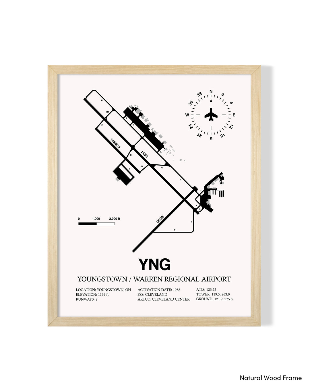 Detailed Airport Map of Youngstown / Warren Regional Airport (YNG) in White with a Natural Frame
