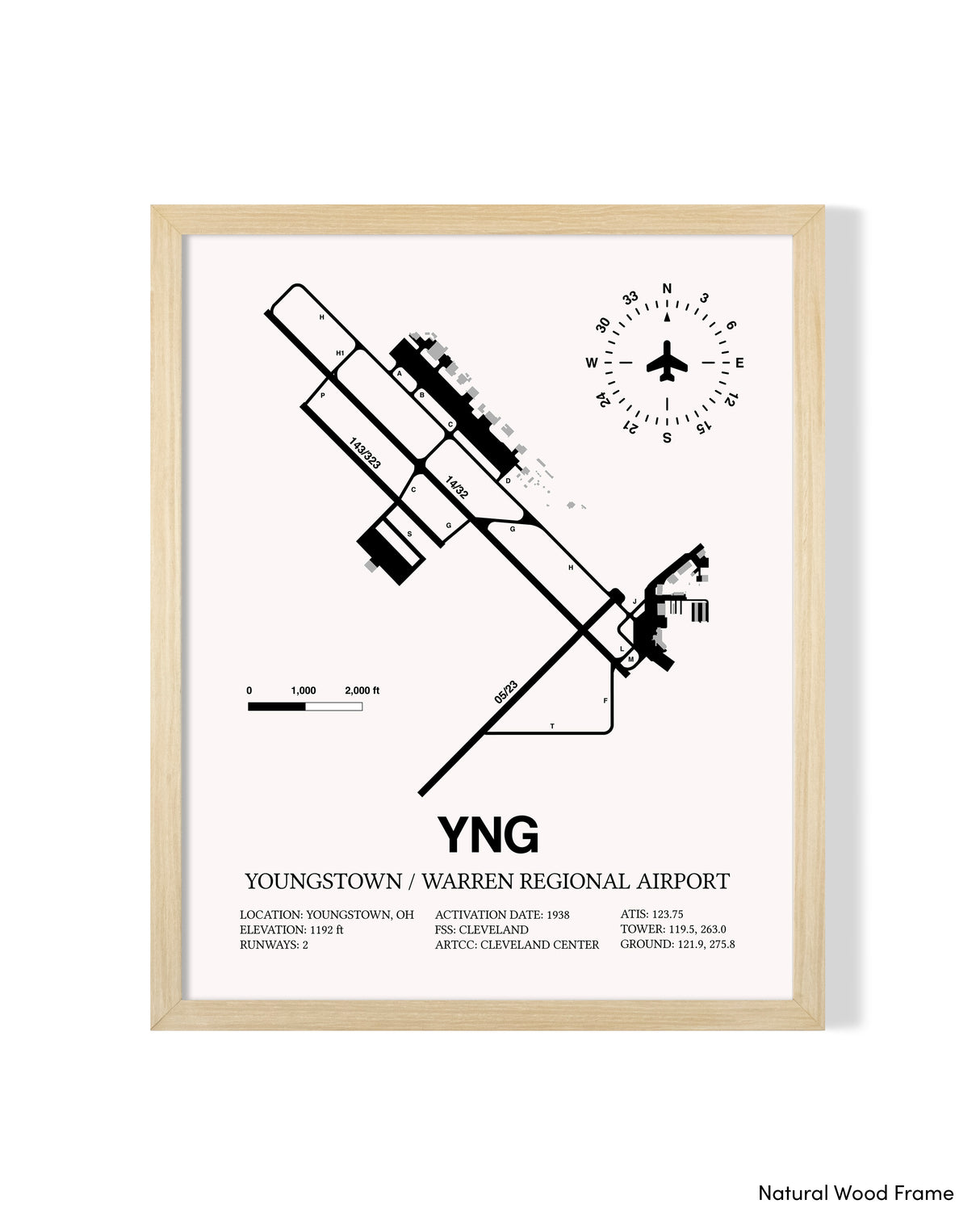 Detailed Airport Map of Youngstown / Warren Regional Airport (YNG) in White with a Natural Frame