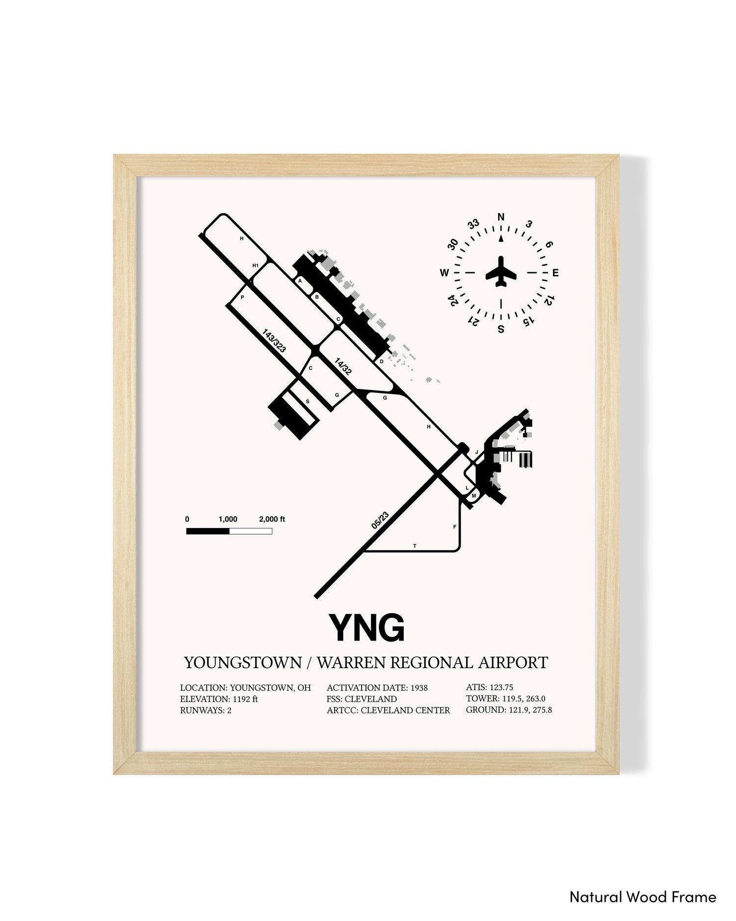 Detailed Airport Map of Youngstown / Warren Regional Airport (YNG) in White with a Natural Frame