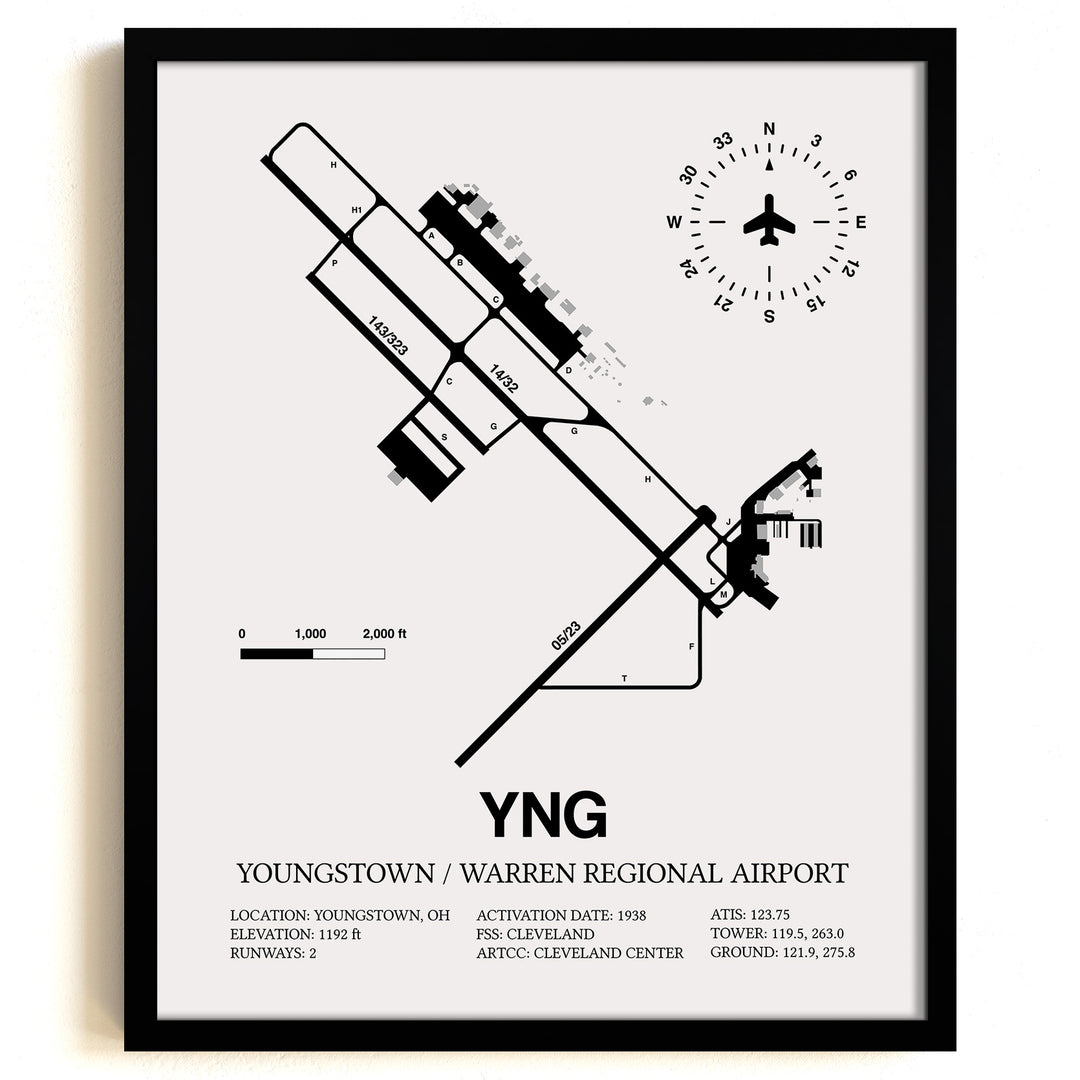 Framed Detailed Airport Map of Youngstown / Warren Regional Airport (YNG) in White with a Black Frame