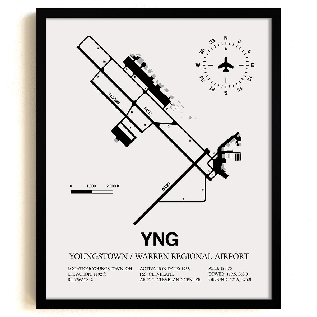 Framed Detailed Airport Map of Youngstown / Warren Regional Airport (YNG) in White with a Black Frame