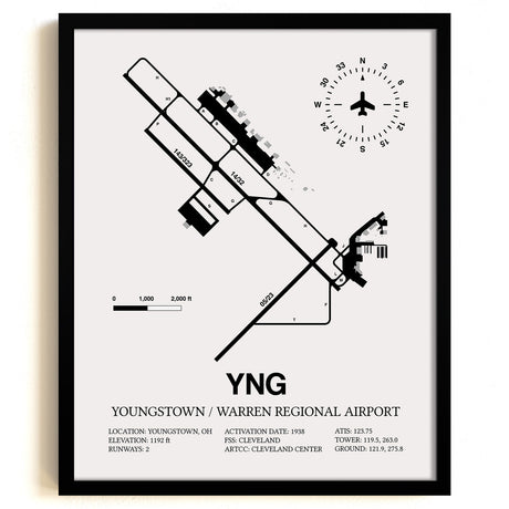 Framed Detailed Airport Map of Youngstown / Warren Regional Airport (YNG) in White with a Black Frame