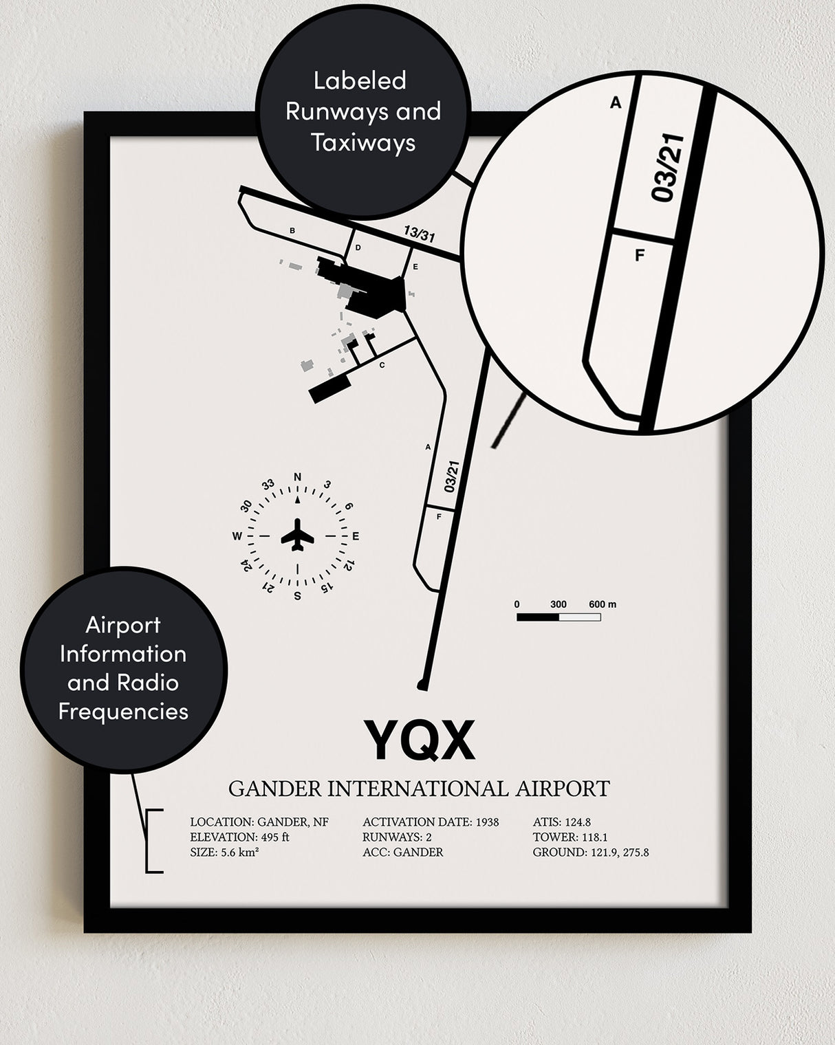 YQX Airport Map, Gander International Airport Print