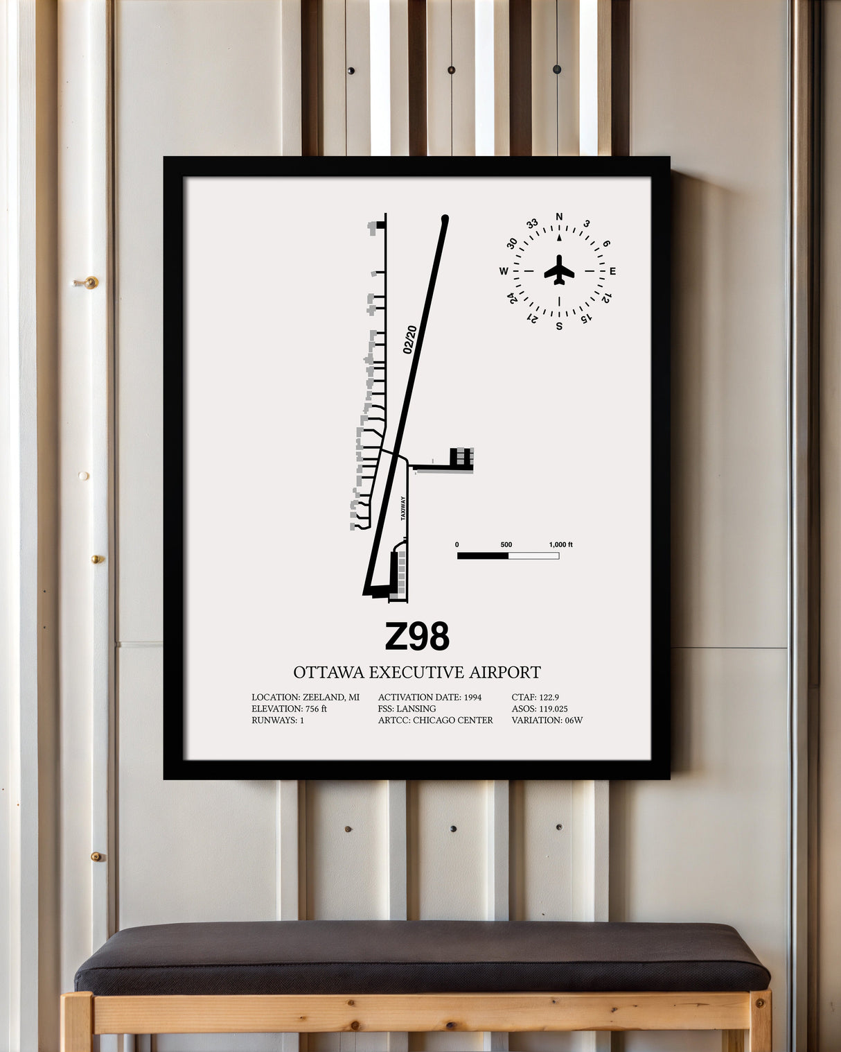 Framed Detailed Airport Map of Ottawa Executive Airport (Z98) in White with a Black Frame