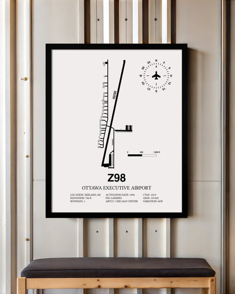 Framed Detailed Airport Map of Ottawa Executive Airport (Z98) in White with a Black Frame