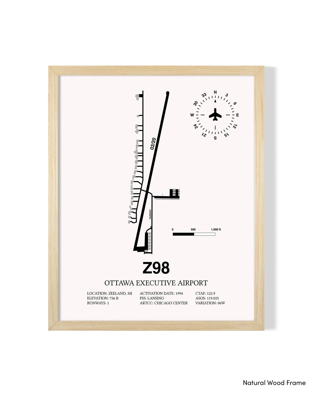 Detailed Airport Map of Ottawa Executive Airport (Z98) in White with a Natural Frame