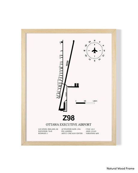 Detailed Airport Map of Ottawa Executive Airport (Z98) in White with a Natural Frame