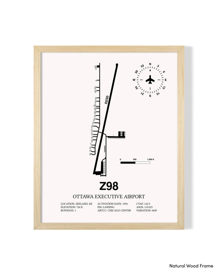 Detailed Airport Map of Ottawa Executive Airport (Z98) in White with a Natural Frame