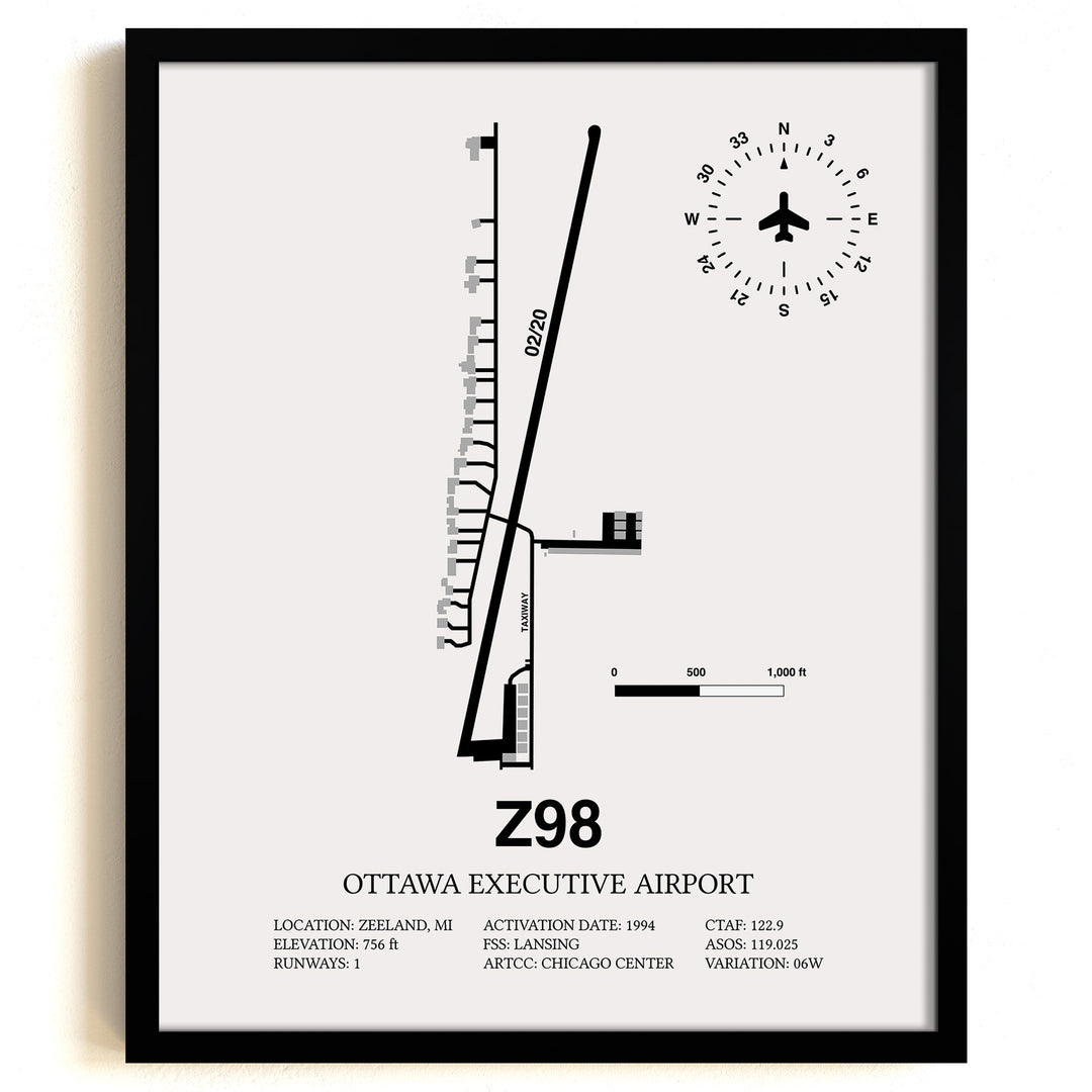Framed Detailed Airport Map of Ottawa Executive Airport (Z98) in White with a Black Frame