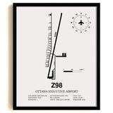 Framed Detailed Airport Map of Ottawa Executive Airport (Z98) in White with a Black Frame