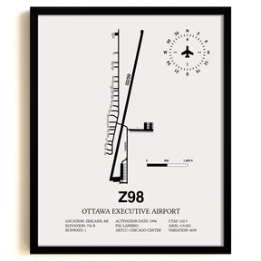 Framed Detailed Airport Map of Ottawa Executive Airport (Z98) in White with a Black Frame