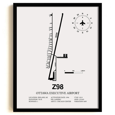 Framed Detailed Airport Map of Ottawa Executive Airport (Z98) in White with a Black Frame
