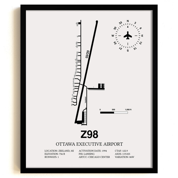 Framed Detailed Airport Map of Ottawa Executive Airport (Z98) in White with a Black Frame