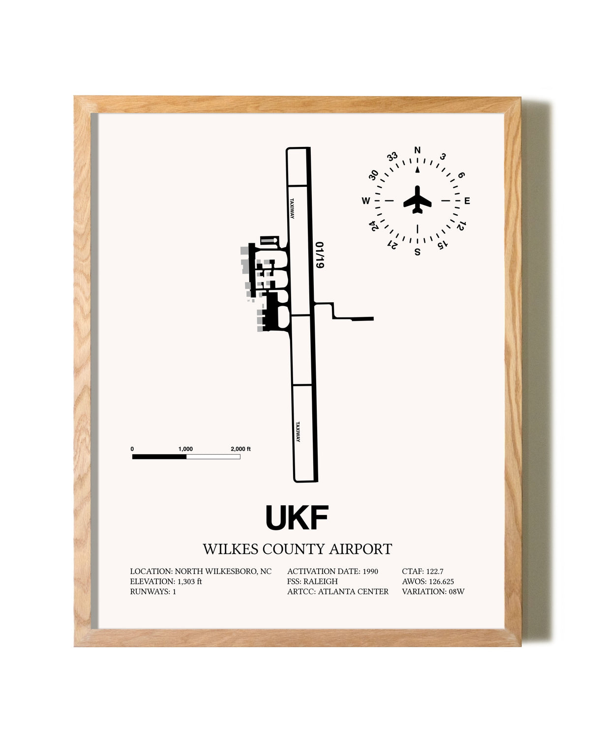 Wilkes County Airport framed print in natural wood frame