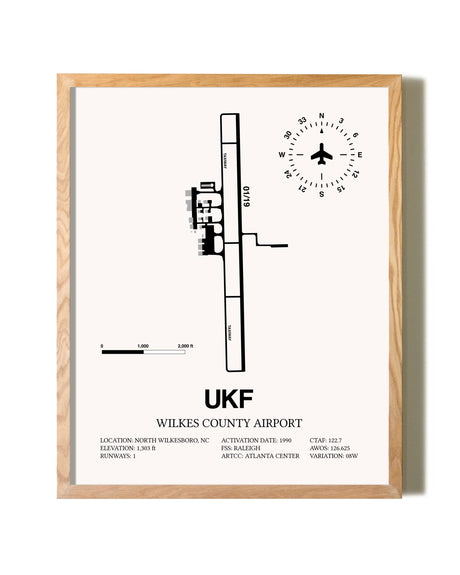 Wilkes County Airport framed print in natural wood frame