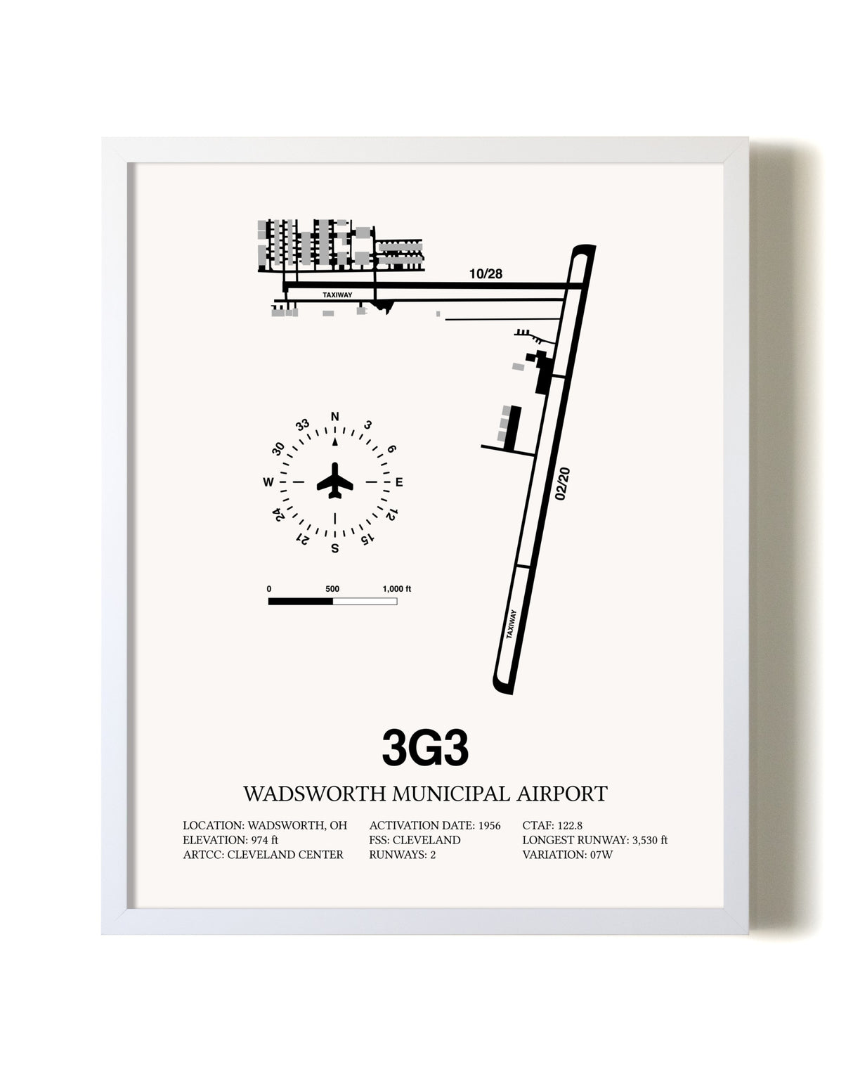 Wadsworth Municipal Airport airport map poster in oak frame
