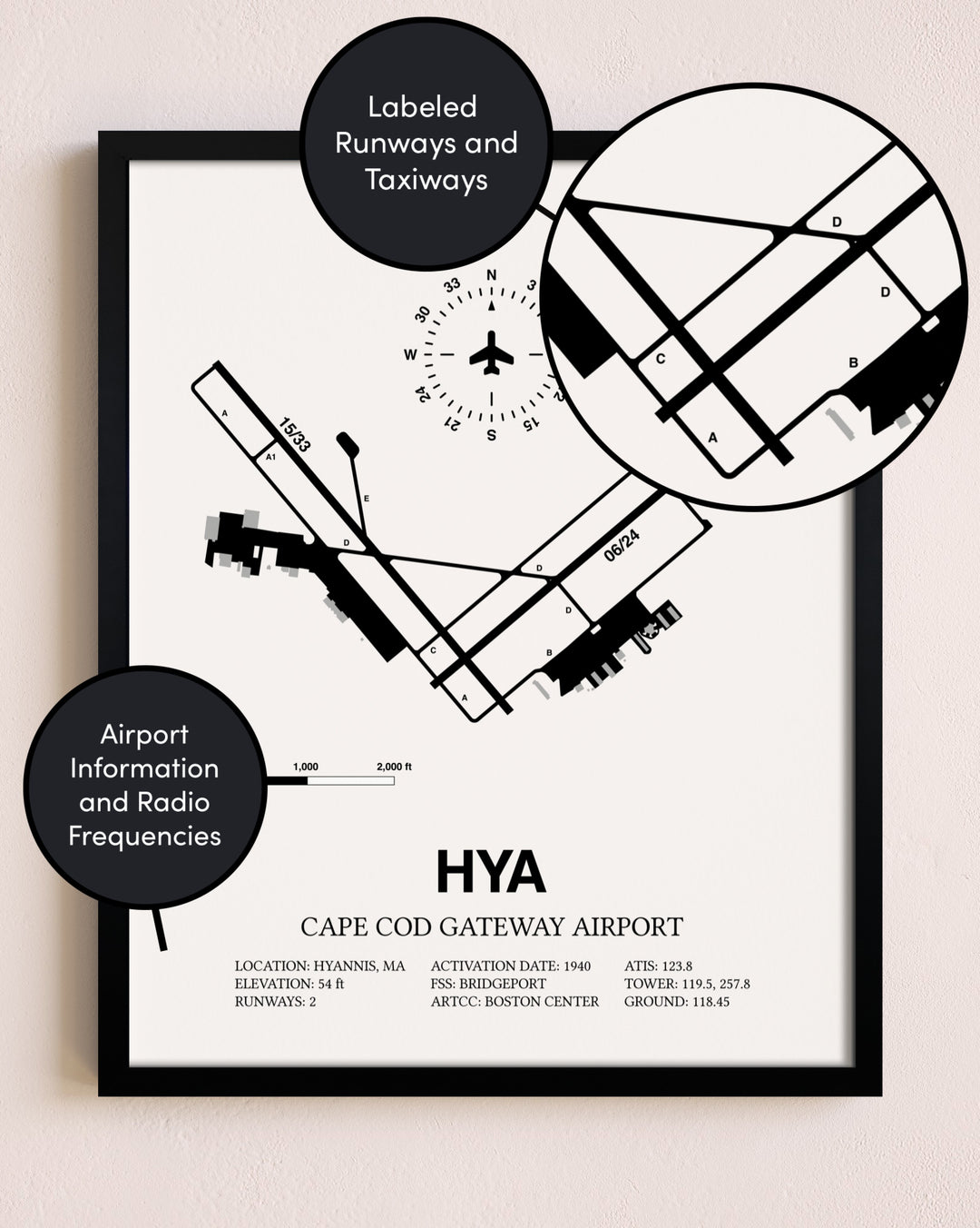 Framed Cape Cod Gateway Airport layout wall art poster