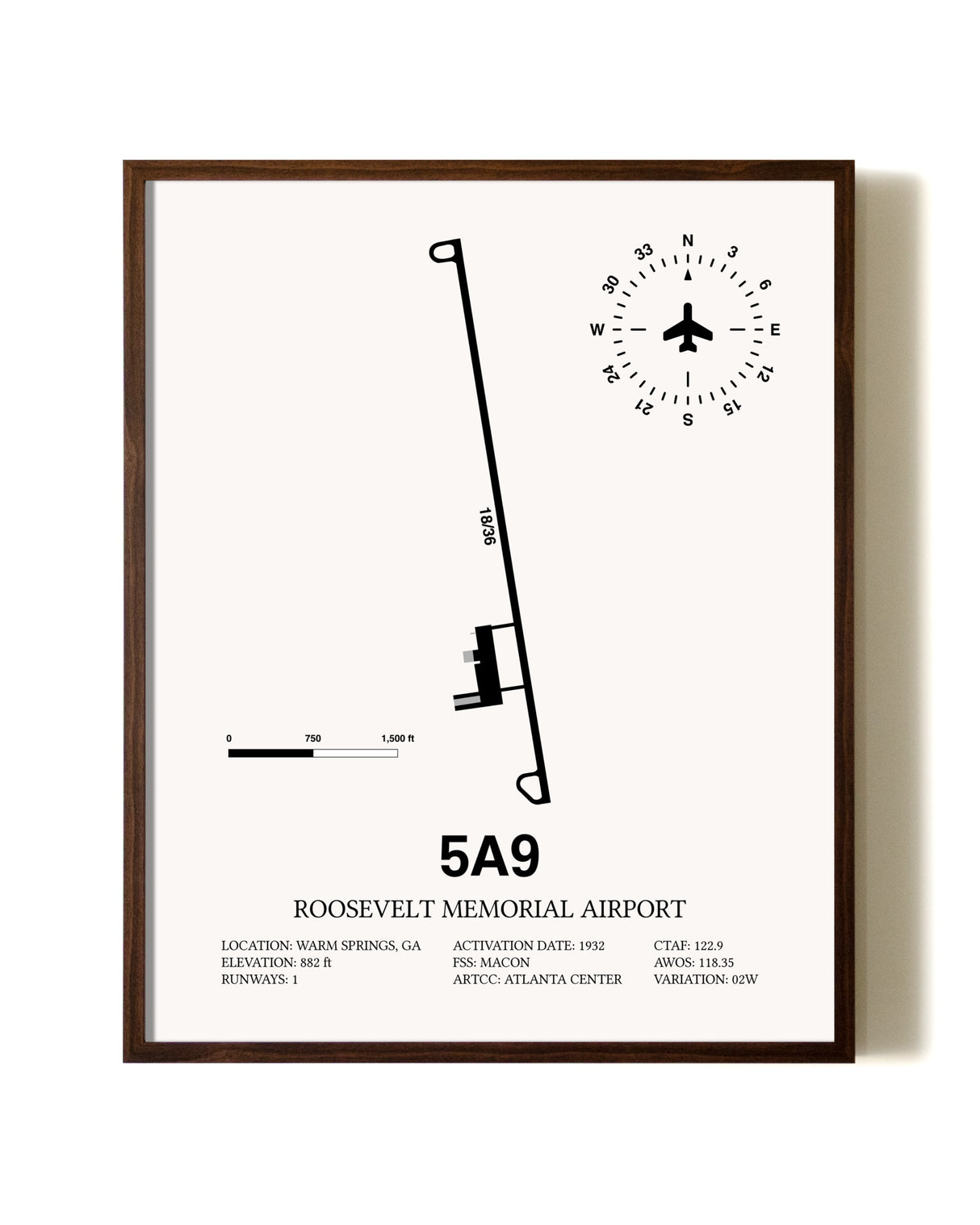Roosevelt Memorial Airport aviation print in walnut frame