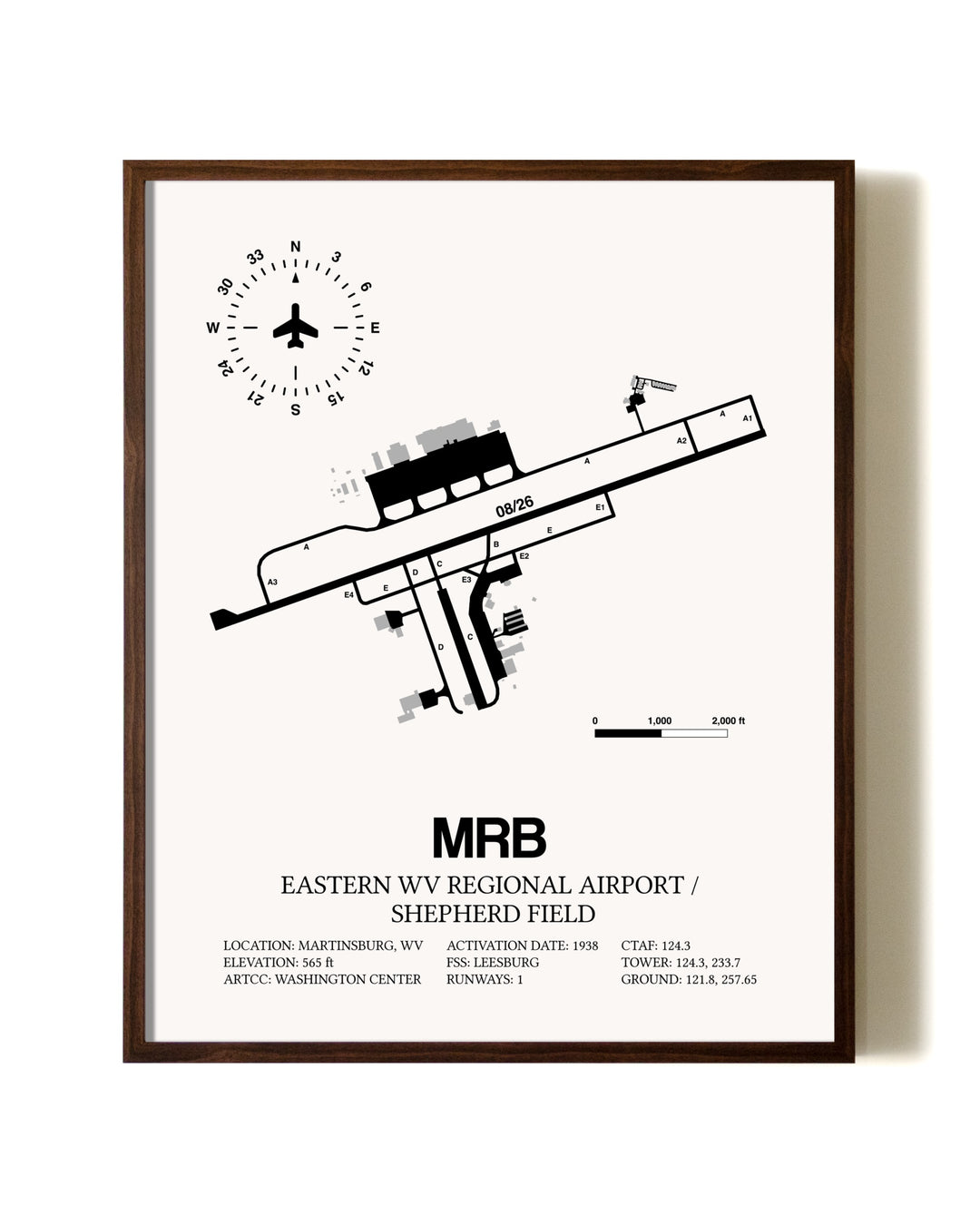 Eastern WV Regional Airport / Shepherd Field aviation print in walnut frame