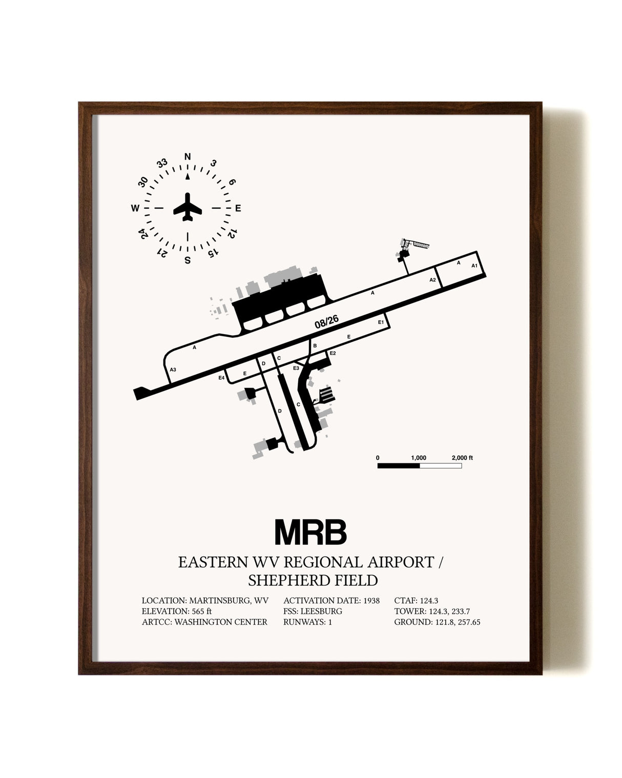 Eastern WV Regional Airport / Shepherd Field aviation print in walnut frame