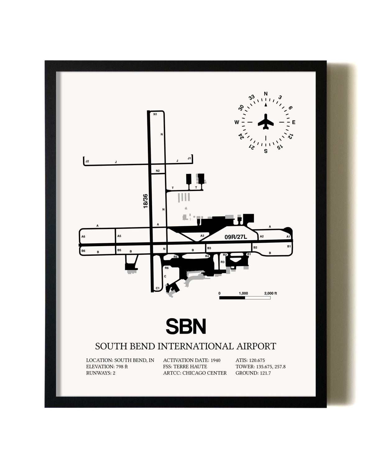 Framed South Bend International Airport wall art poster in black frame