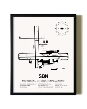 Framed South Bend International Airport wall art poster in black frame