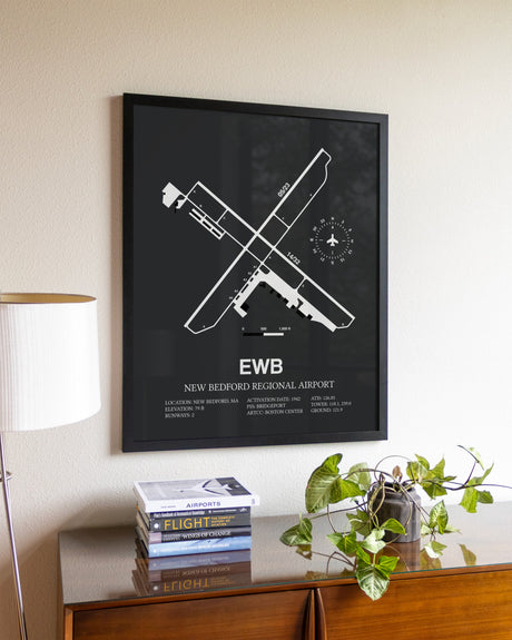 Gray Framed New Bedford Regional Airport wall art poster in black frame