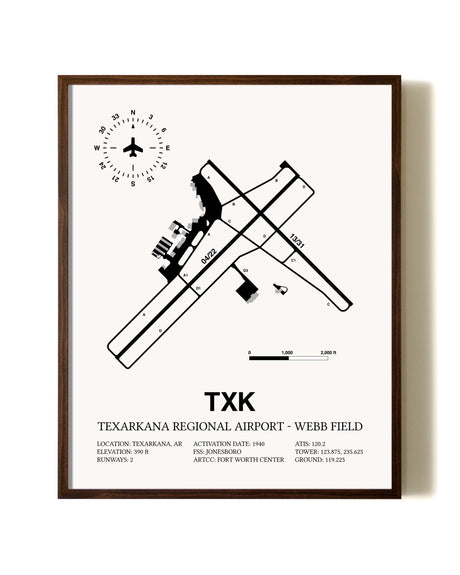 Texarkana Regional Airport-Webb Field aviation print in walnut frame