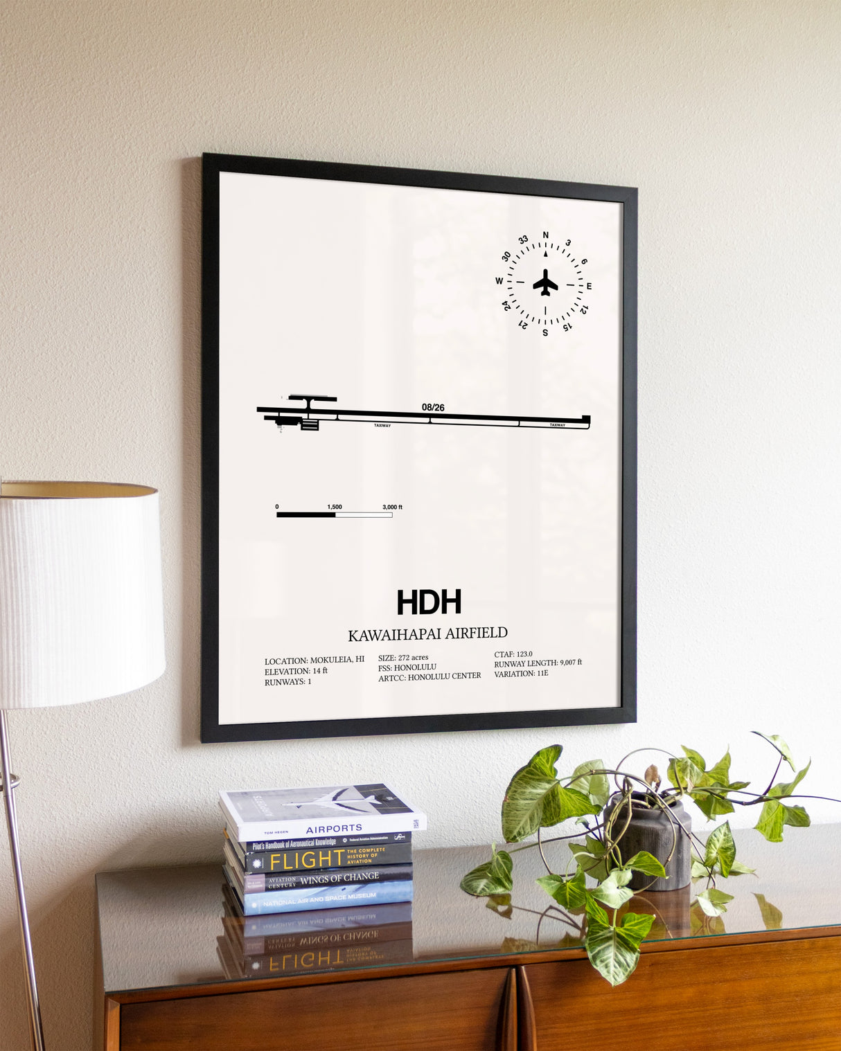 Kawaihapai Airfield aviation wall décor in black wood frame