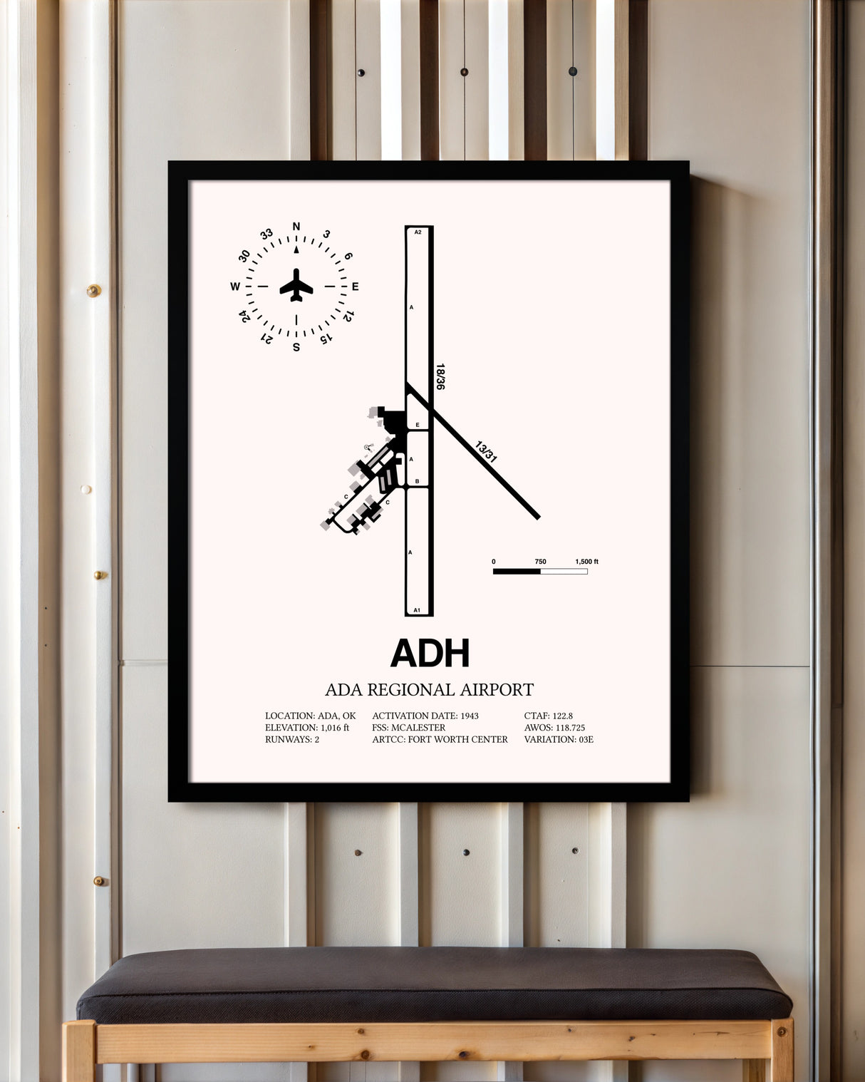 Ada Regional Airport framed poster displayed in an airplane hangar