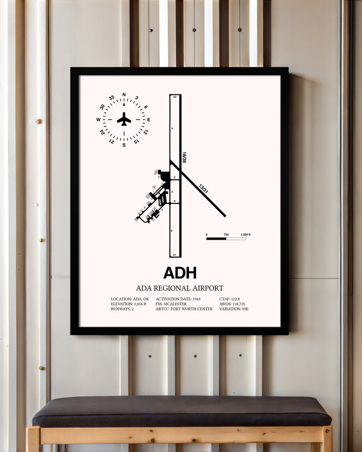 Ada Regional Airport framed poster displayed in an airplane hangar