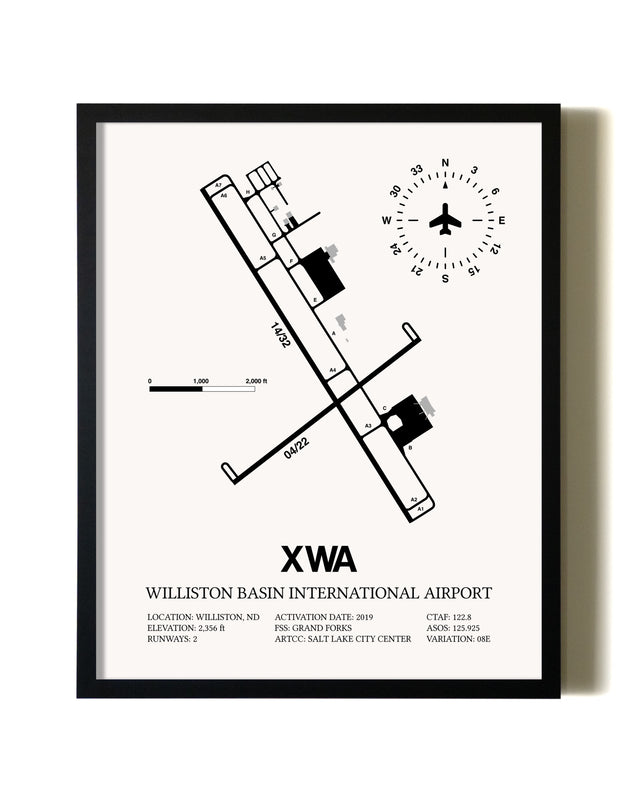 Framed Williston Basin International Airport wall art poster in black frame