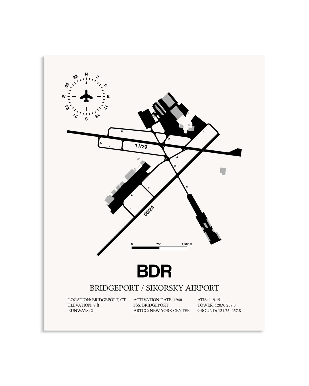 Gray Bridgeport / Sikorsky Airport framed poster displayed in an airplane hangar