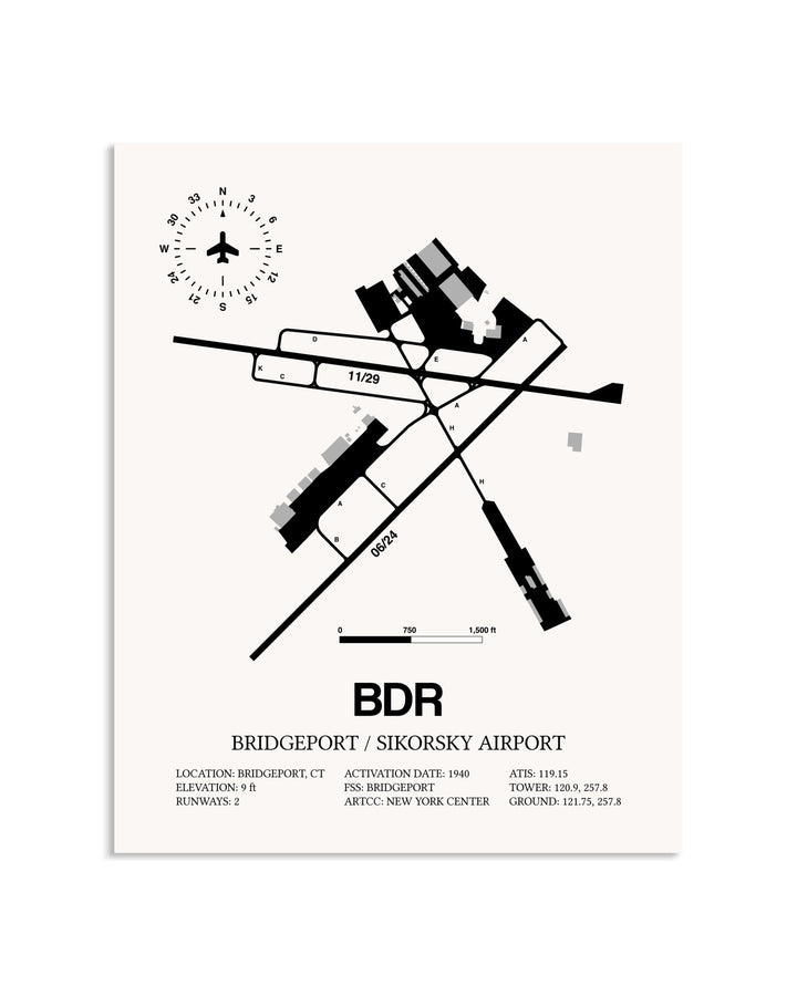 Gray Bridgeport / Sikorsky Airport framed poster displayed in an airplane hangar