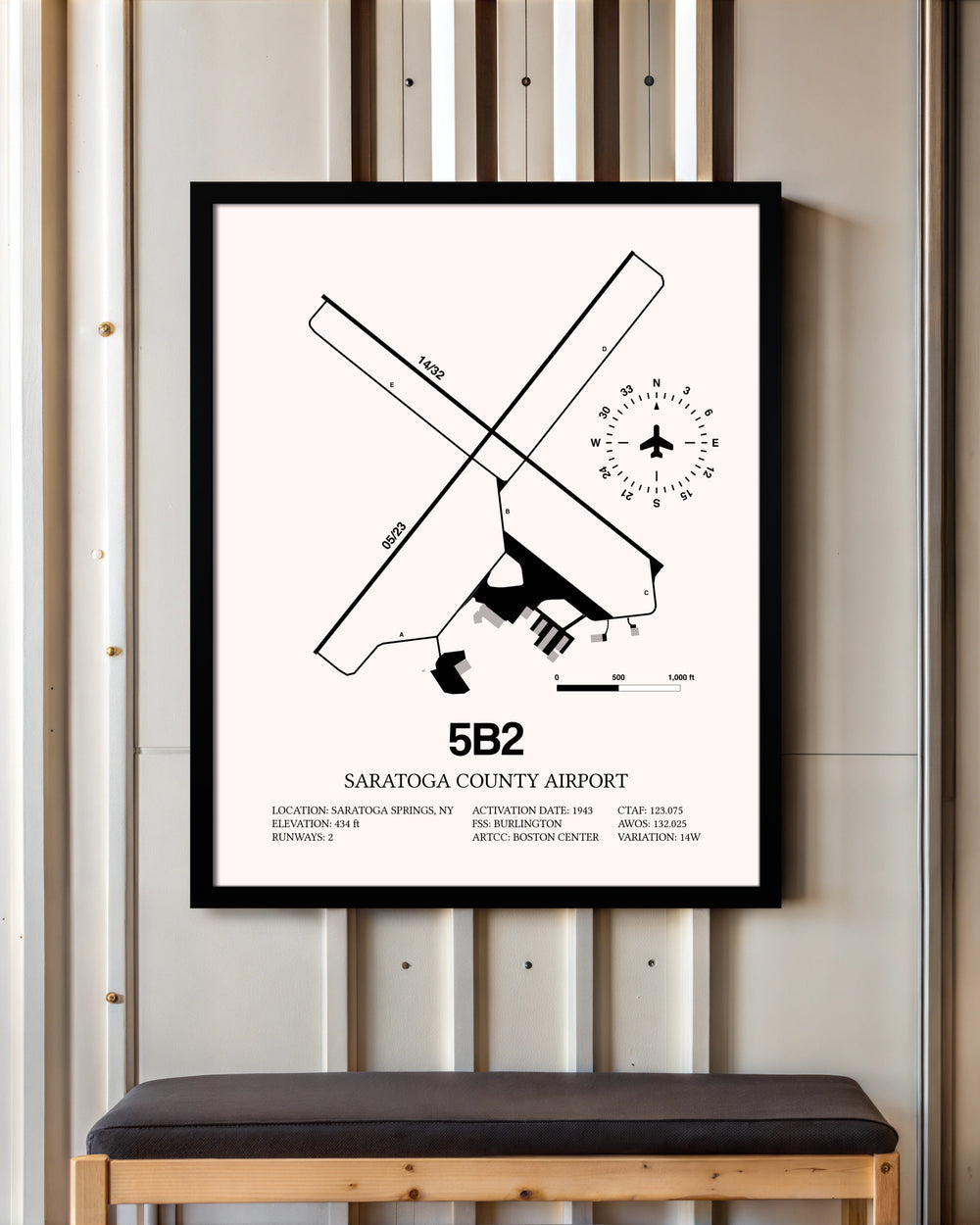 Saratoga County Airport framed poster displayed in an airplane hangar