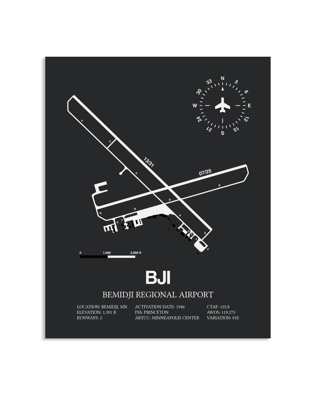 Gray Framed Bemidji Regional Airport layout wall art poster