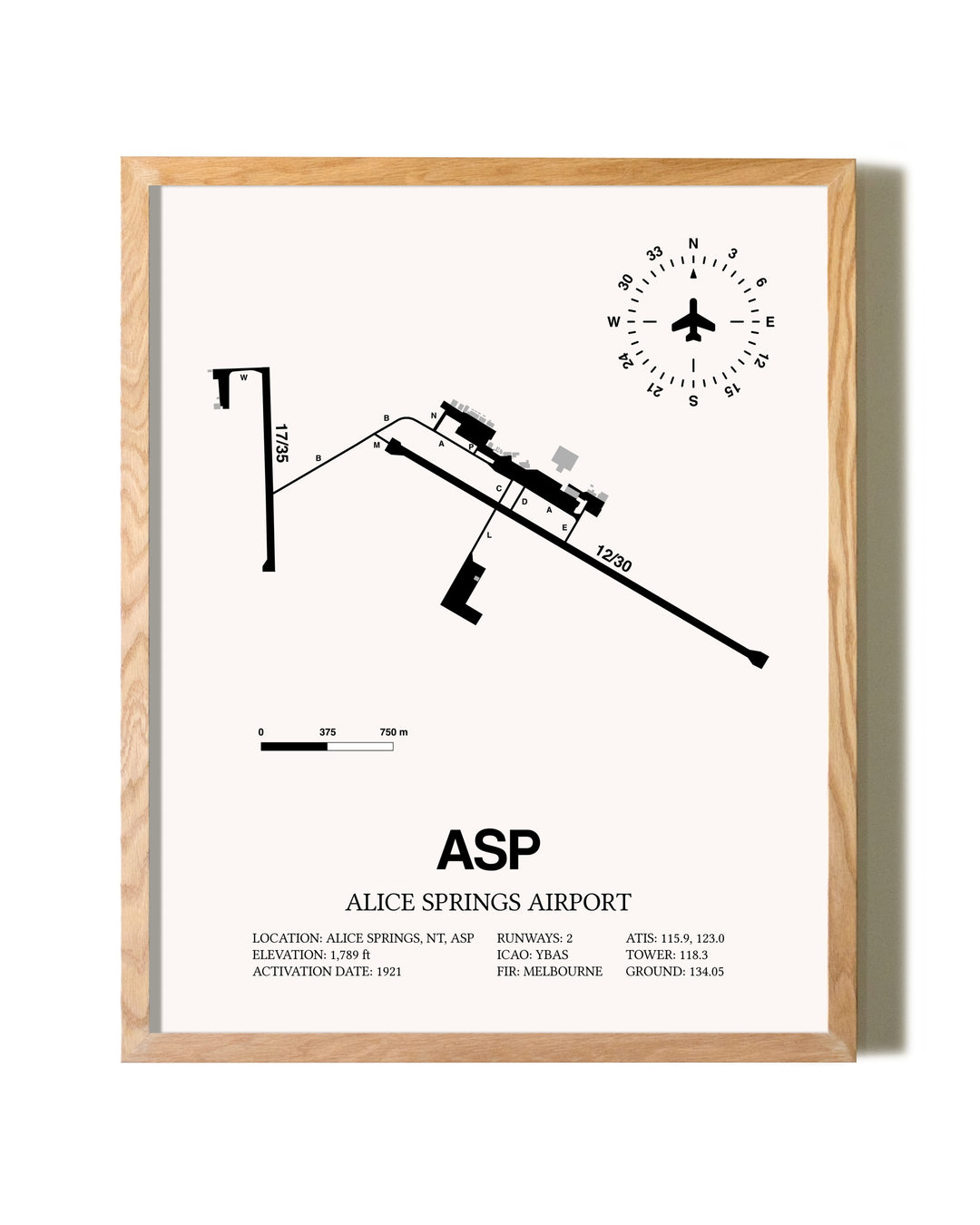 Alice Springs Airport framed print in natural wood frame