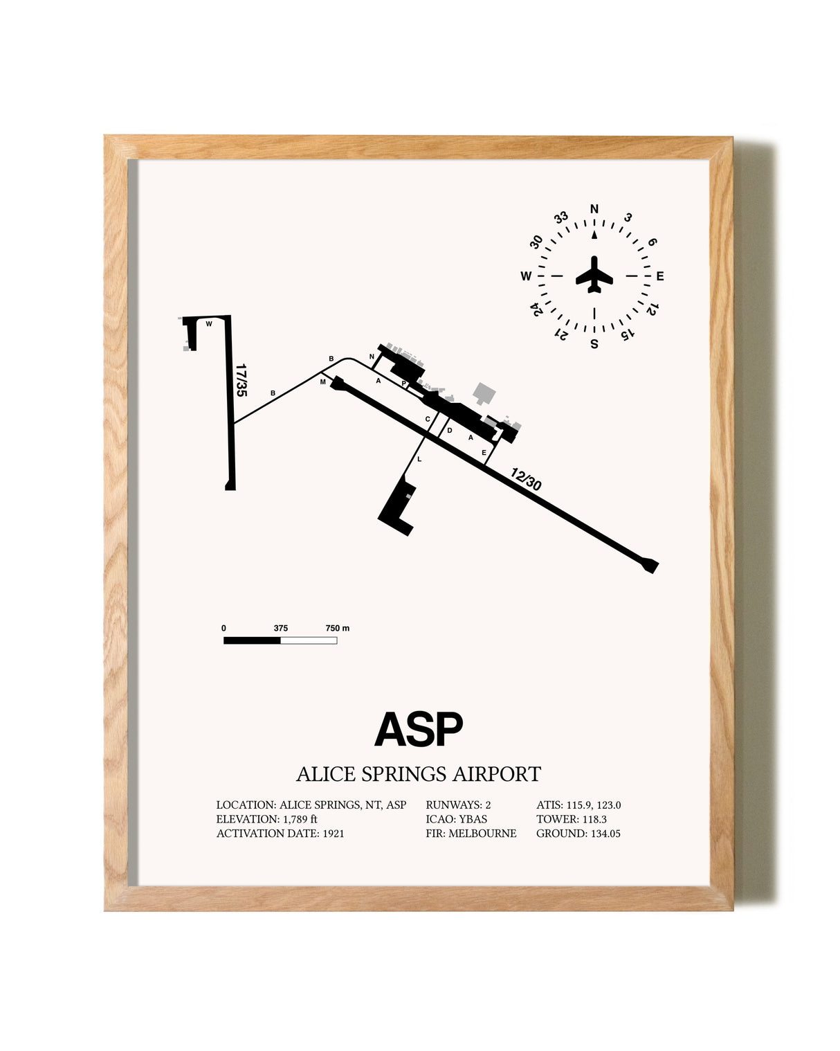 Alice Springs Airport framed print in natural wood frame