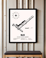 Ocean County Airport framed poster displayed in an airplane hangar