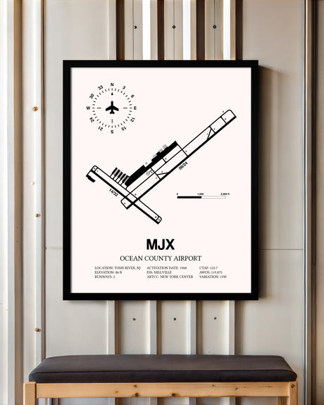Ocean County Airport framed poster displayed in an airplane hangar