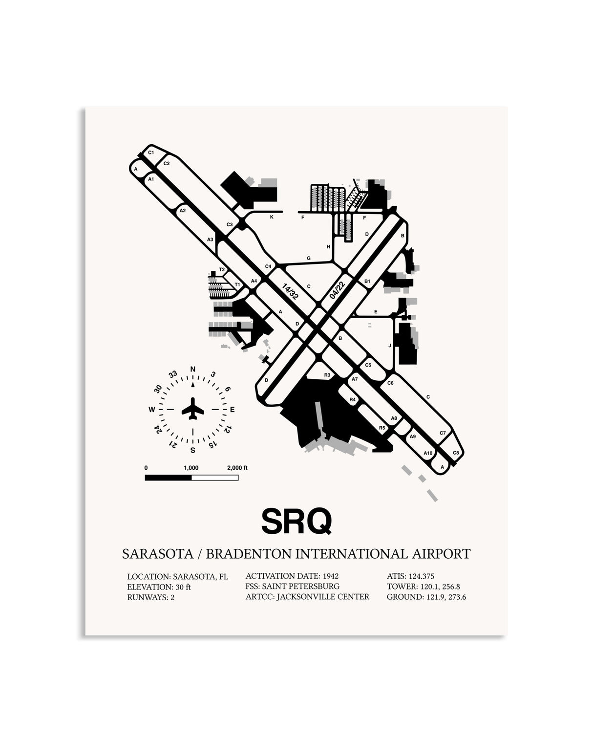 Gray Sarasota / Bradenton International Airport framed poster displayed in an airplane hangar