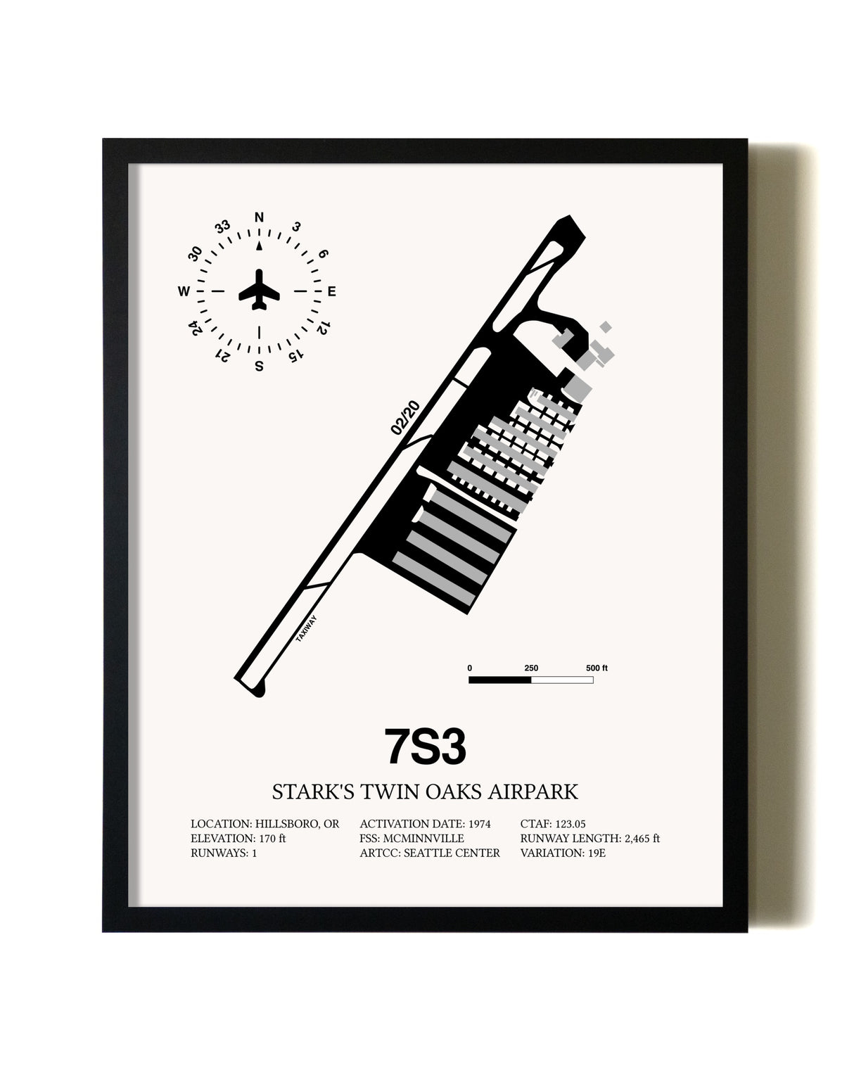 Framed Stark's Twin Oaks Airpark wall art poster in black frame